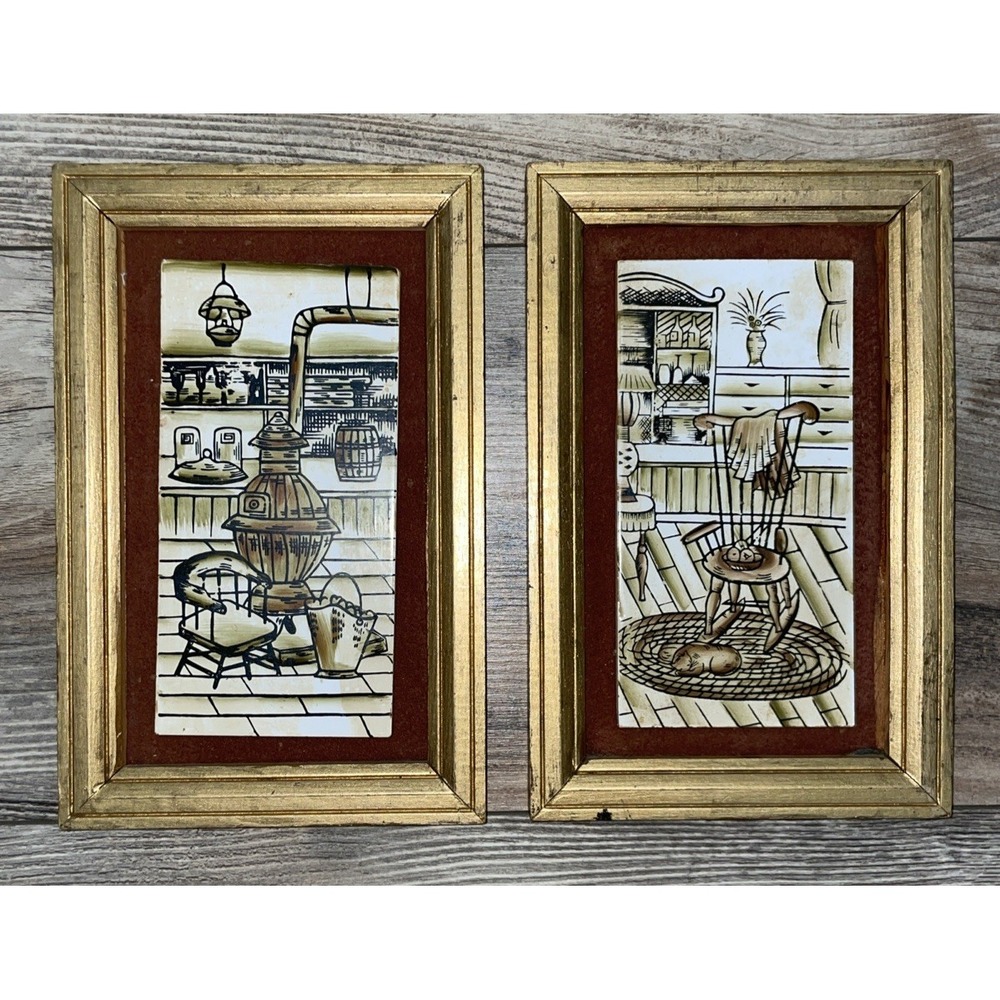 VTG Enesco Hand Painted Tiles Rocking Chair Wood Stove Wall Art Set of 2 Japan